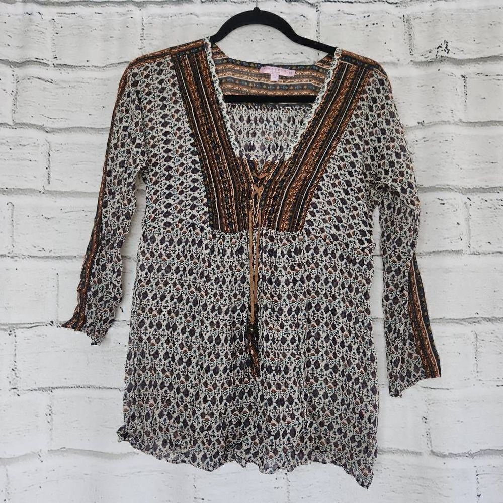 Calypso St. Barth Long Sleeve Patterned Tunic Silk Blend Womens XS Lace Up